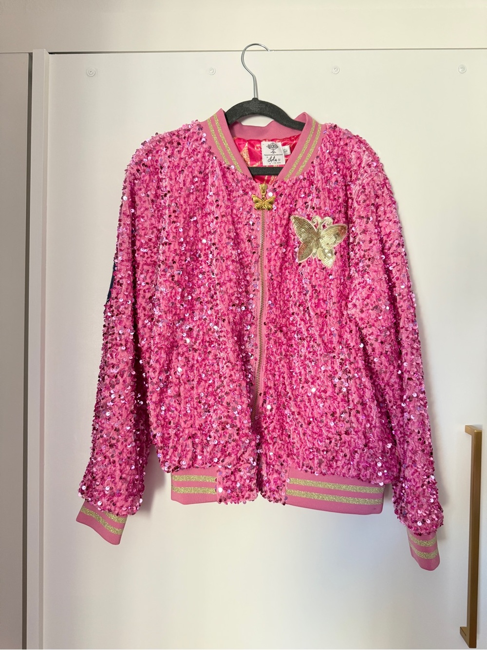 NWOT. Lola + The Boys Wicked Glinda Girls’ Pink Sequin Bomber Jacket. Size 12.